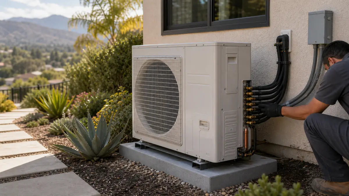 Mitsubishi Hyper-Heat MUZ condenser on a hillside lot south of Ventura Boulevard, 91364