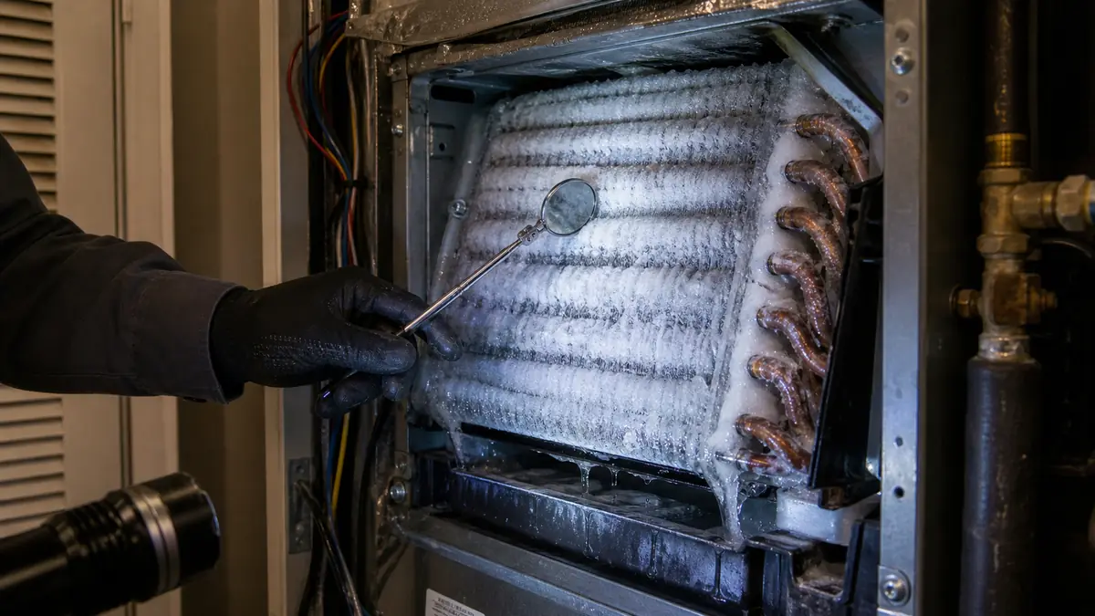 Iced Mitsubishi indoor coil from low airflow in a Woodland Hills ranch, 91364