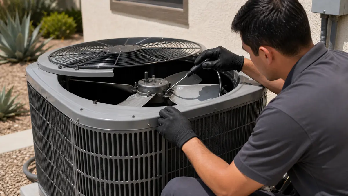 Inspecting a noisy Mitsubishi condenser fan in Carlton Terrace, Woodland Hills 91364