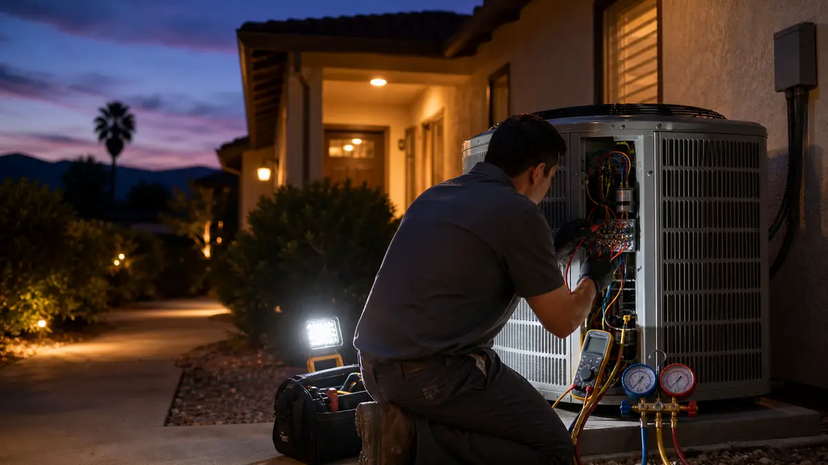 After-hours Mitsubishi condenser triage during a Woodland Hills heat wave in 91367
